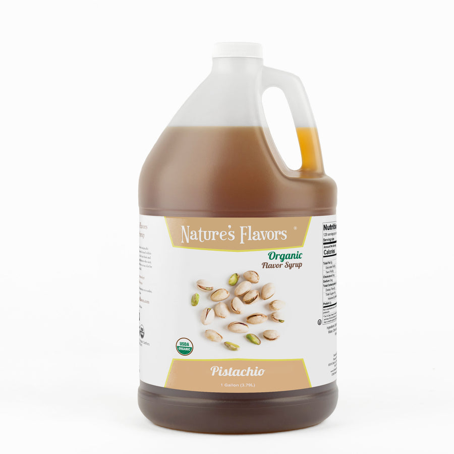 Jug labeled, "Organic Flavor Syrup Pistachio"
