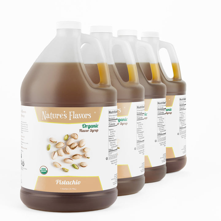 4 Jugs labeled, "Organic Flavor Syrup Pistachio"