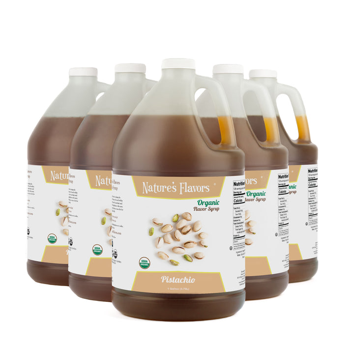 5 Jugs labeled, "Organic Flavor Syrup Pistachio"