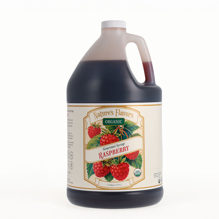 A large plastic jug of Nature's Flavors Organic Gourmet Syrup Raspberry, filled with dark red syrup, on a clean white background.
