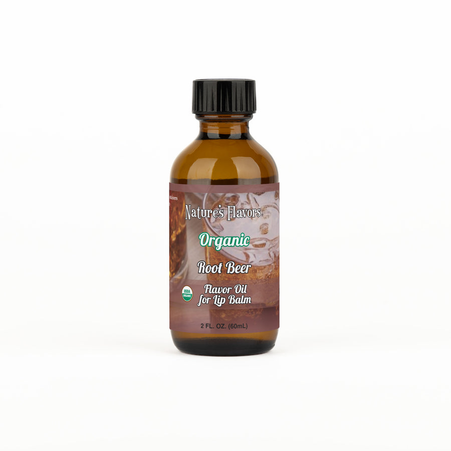 Bottle labeled, "Organic Root Beer Flavor Oil for Lip Balm."