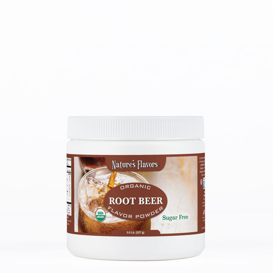 Tub labeled, "Organic Root Beer Flavor Powder Sugar Free .5"