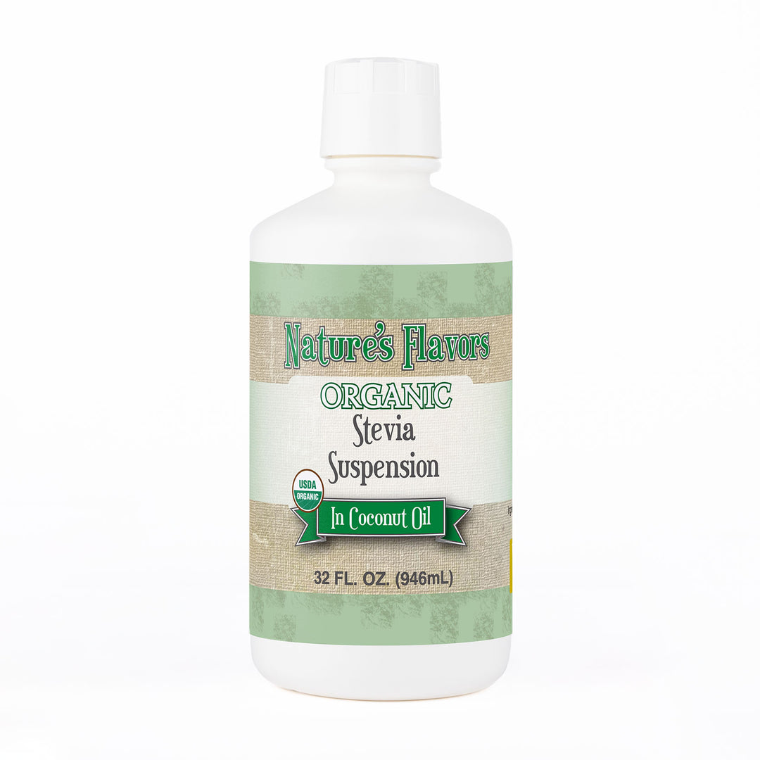 White bottle labeled, “Organic Stevia Suspension in Coconut Oil”
