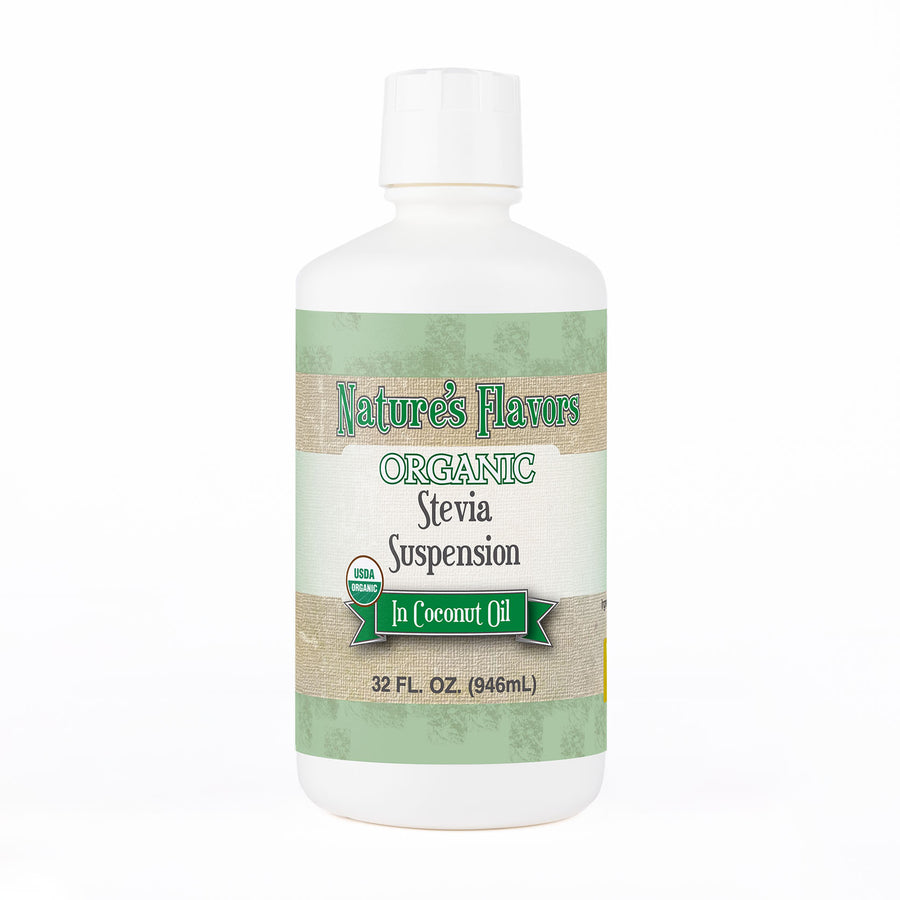 White bottle labeled, “Organic Stevia Suspension in Coconut Oil”
