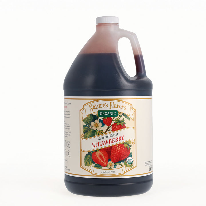 A large jug of Nature's Favors Organic Gourmet Strawberry Syrup, filled with dark red liquid, featuring a cream-colored label with illustrations of strawberries and white flowers, set against a plain white background.
