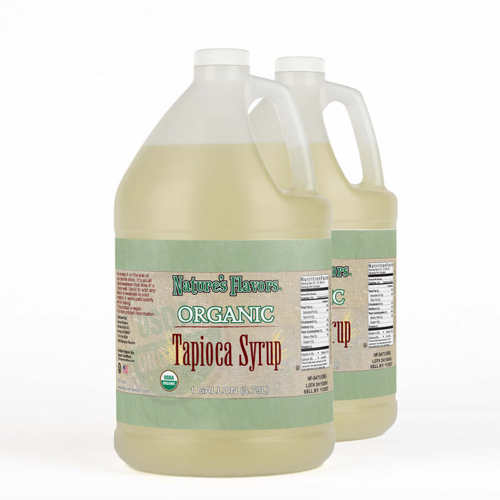 Two 1-gallon bottles labeled, "Organic Tapioca Syrup"