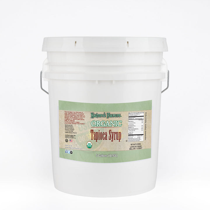 White bucket labeled “Organic Tapioca Syrup"