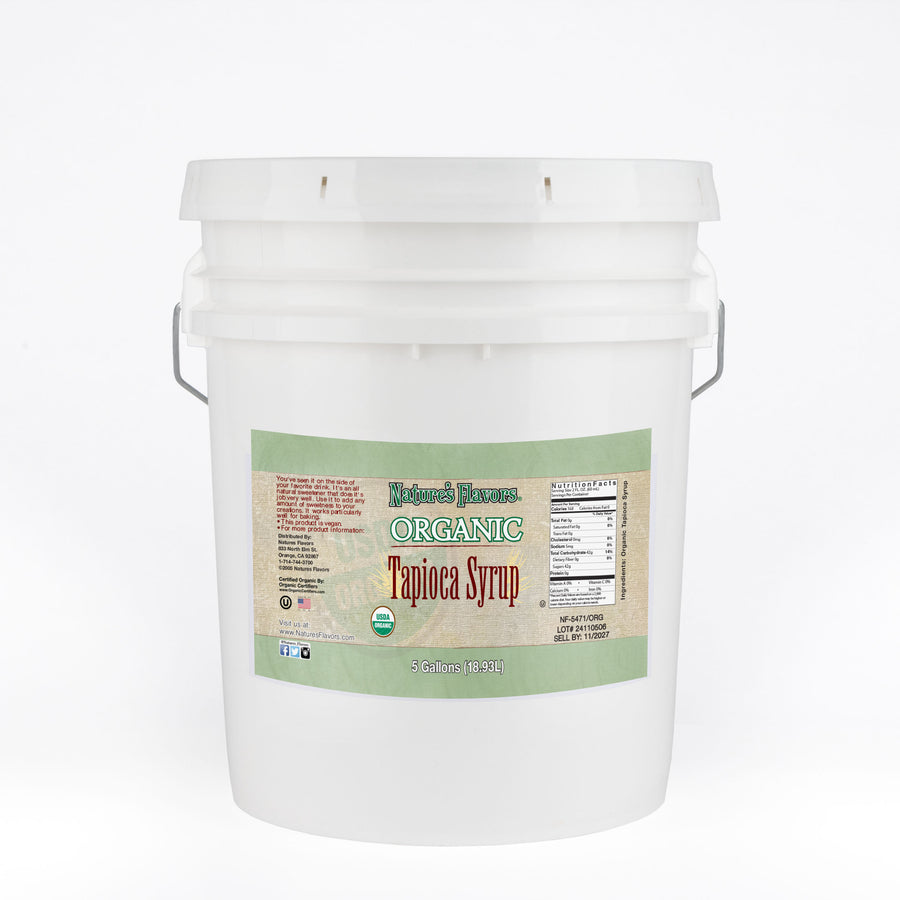 White bucket labeled “Organic Tapioca Syrup"