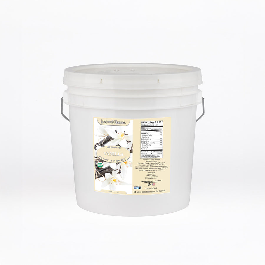 White bucket labeled “Organic Vanilla Flavor Powder”.
