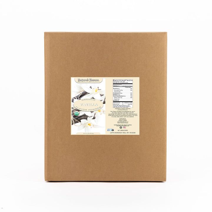 Cardboard box labeled “Natural Vanilla Flavor powder”.
