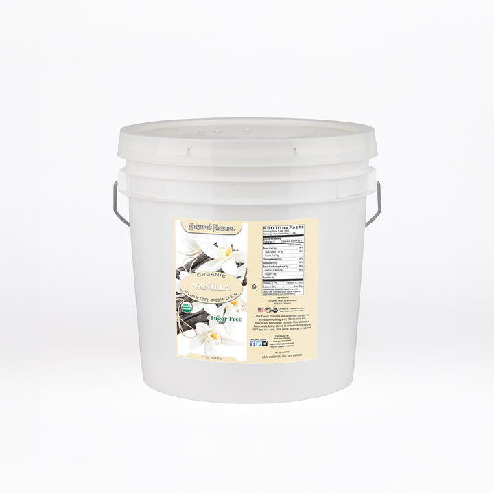 White bucket labeled “Organic Vanilla Flavor Powder Sugar Free"