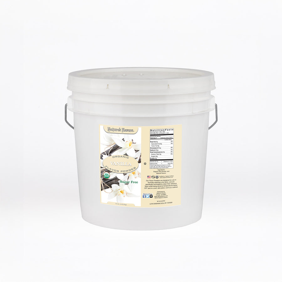 White bucket labeled “Organic Vanilla Flavor Powder Sugar Free"