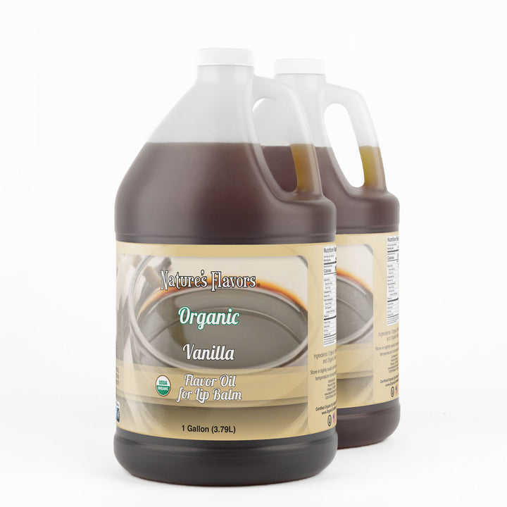 Two 1-gallon bottles labeled, "Organic Vanilla Flavor Oil for Lip Balm"