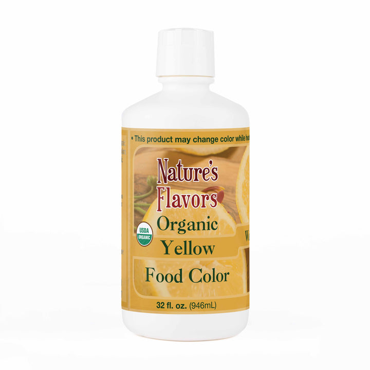 White bottle labeled, “Organic Yellow Food Color"
