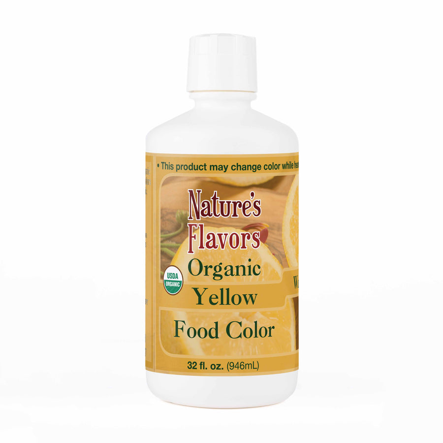 White bottle labeled, “Organic Yellow Food Color"
