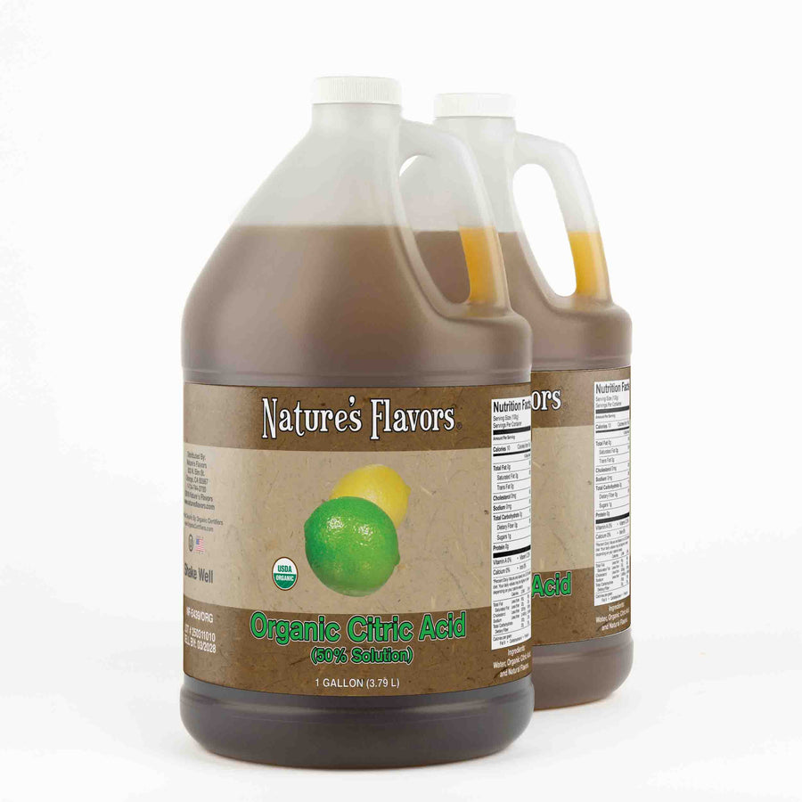 Two, 1 gallon bottles both with a label that read, "Organic citric acid (50% Solution)."