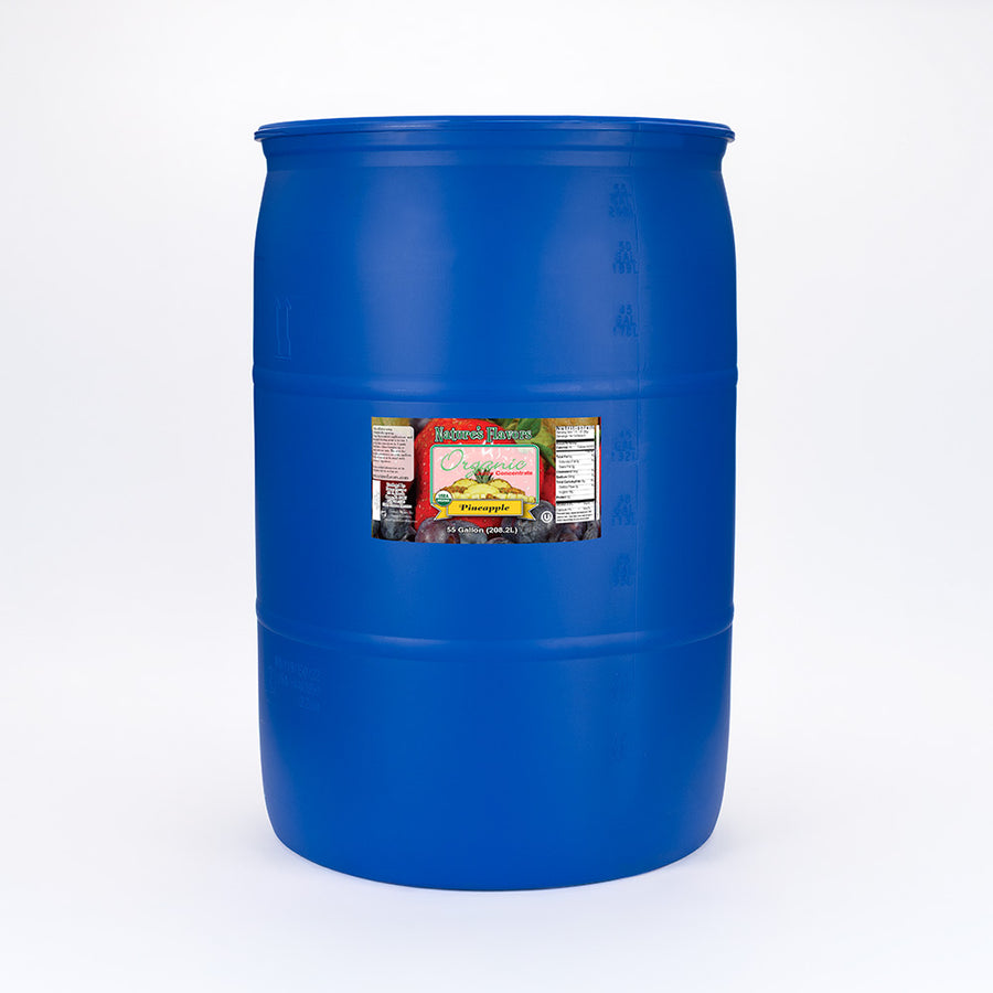 A large blue drum with a label that reads, "Organic Juice Concentrate, Pineapple. 55 gallon."