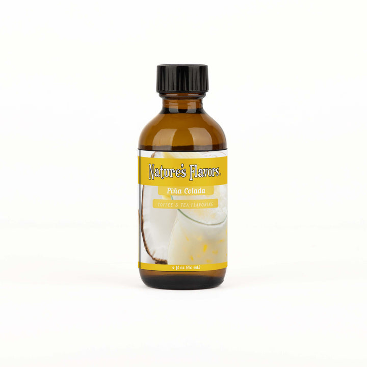 A brown bottle with a label that reads, "Piña Colada Coffee & Tea Flavoring. 2oz."