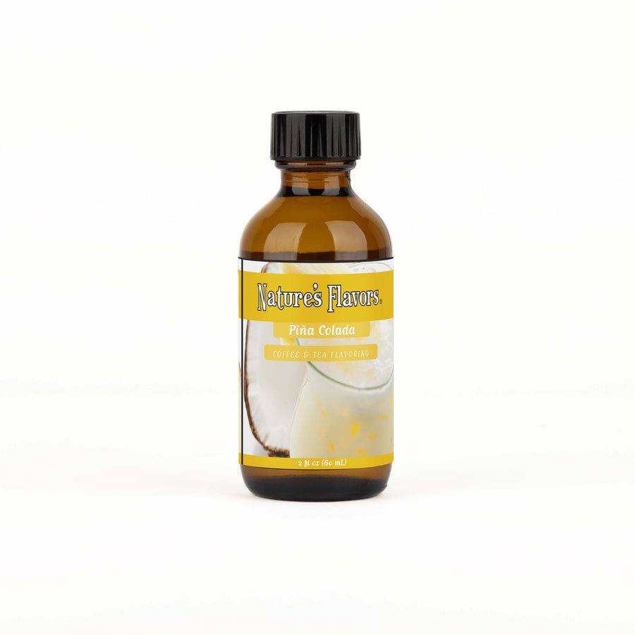 A brown bottle with a label that reads, "Piña Colada Coffee & Tea Flavoring. 2 fl oz."