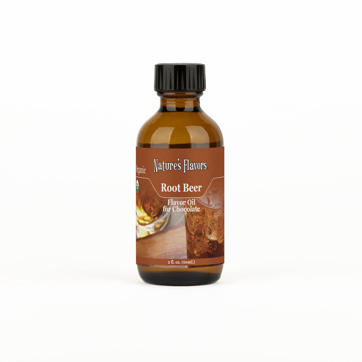 bottle labeled, "Organic Root Beer Flavor Oil for Chocolate" 