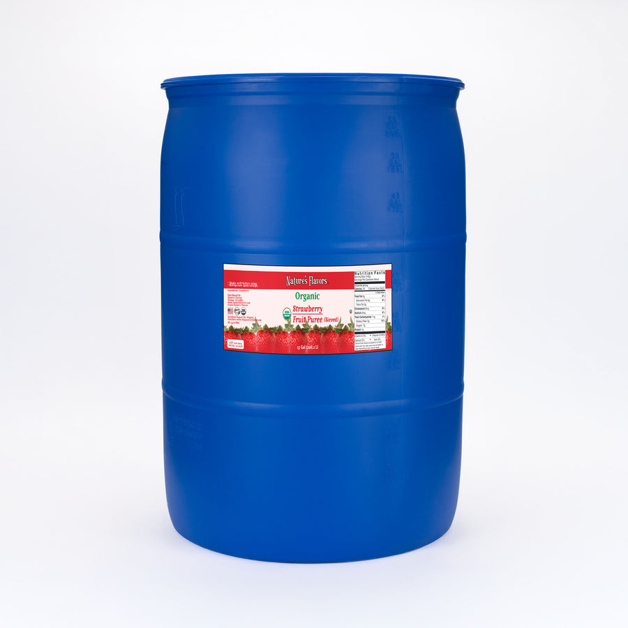 Large blue barrel labeled, "Organic Strawberry Fruit Puree (Sieved)"