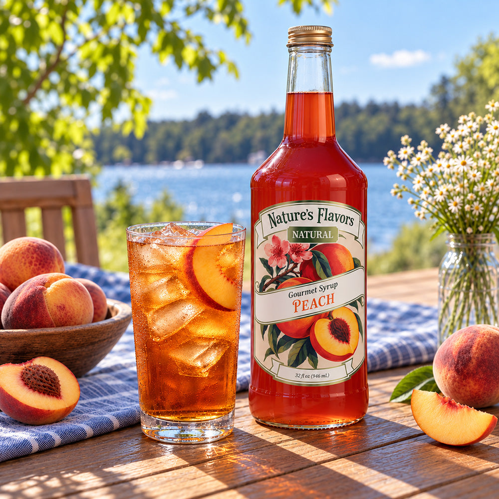 A bottle of Nature's Flavors Natural Peach Gourmet Syrup stands on a wooden table outdoors by a lake, with a glass of iced peach drink beside it and peaches and flowers around it.