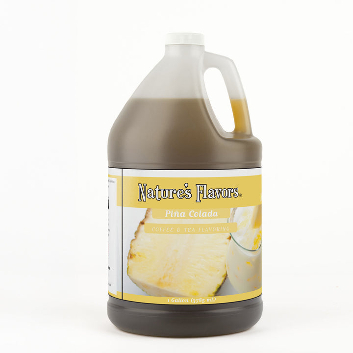 A 1 gallon bottle with a label that reads, "Piña Colada Coffee & Tea Flavoring"