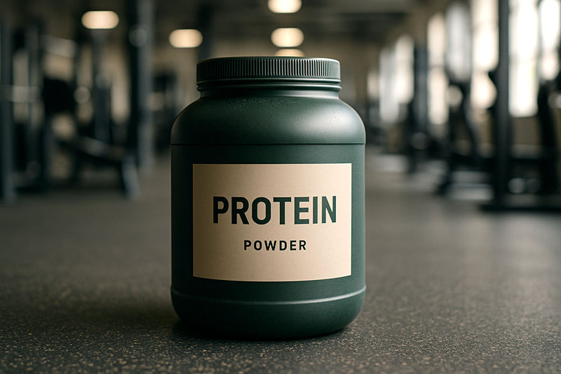 Protein powder container on a gym floor