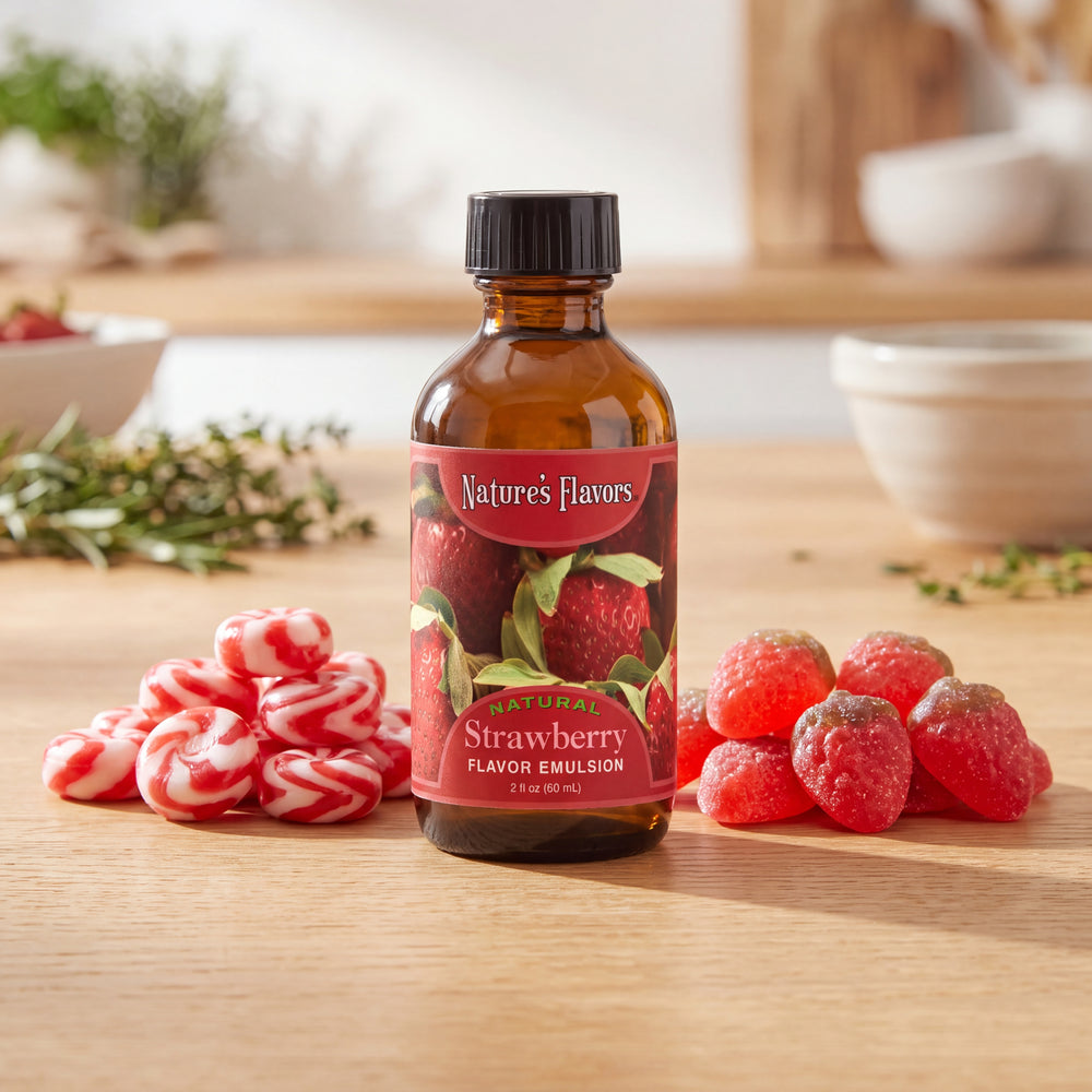 Nature's Flavors organic vanilla extract beside a bowl of frosting