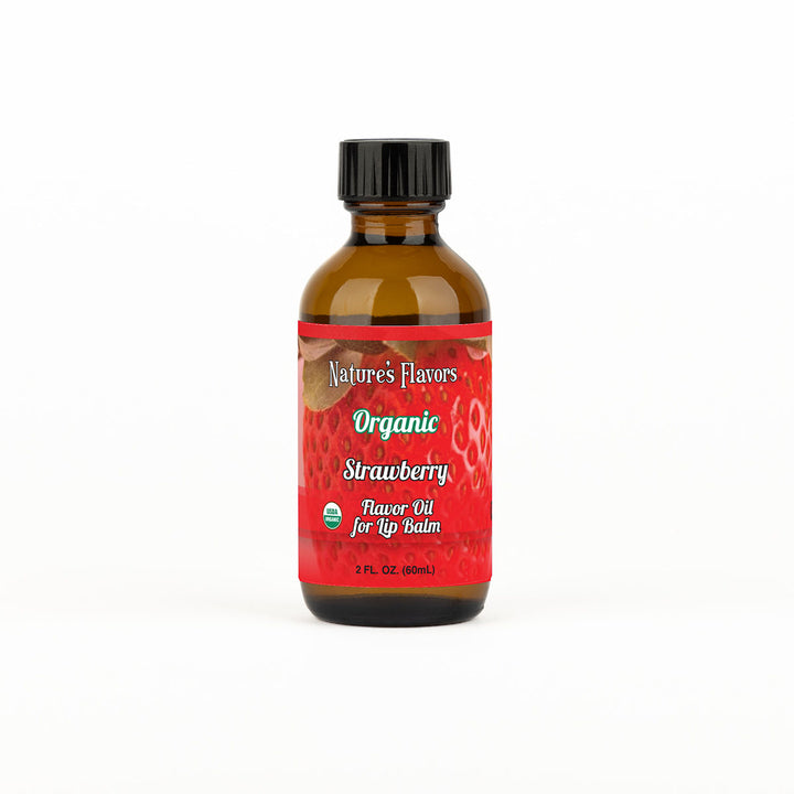 Bottle of Nature's Flavors Organic Strawberry Lip Balm on a white background