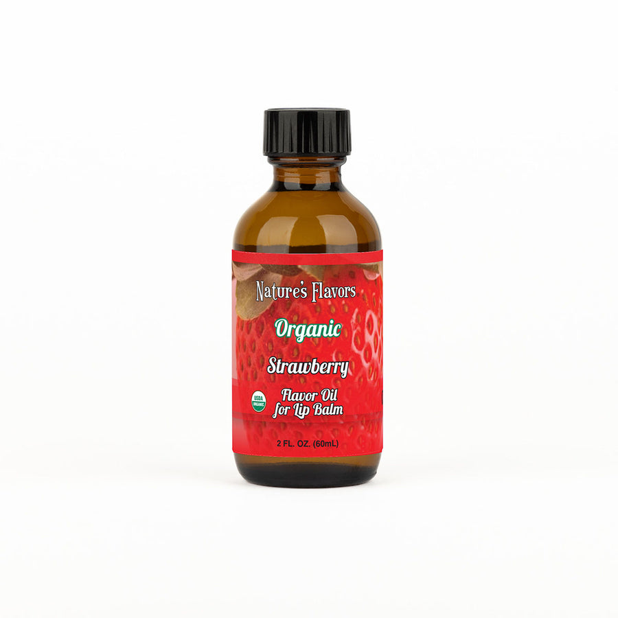 Bottle of Nature's Flavors Organic Strawberry Lip Balm on a white background