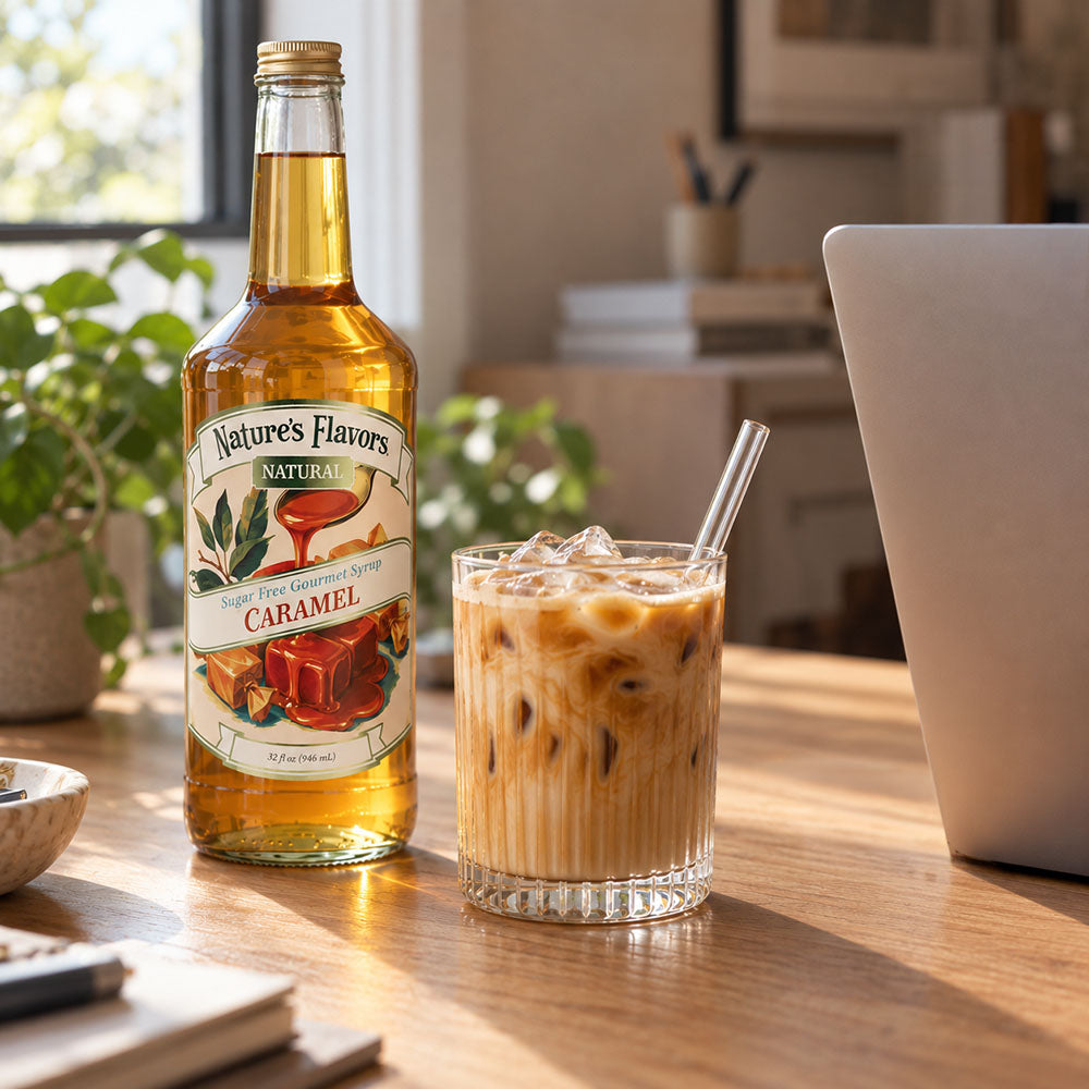 A bottle of Nature's Flavors Natural Sugar Free Caramel Syrup stands on a wooden table next to a glass of iced coffee with a straw in a sunlit indoor setting.