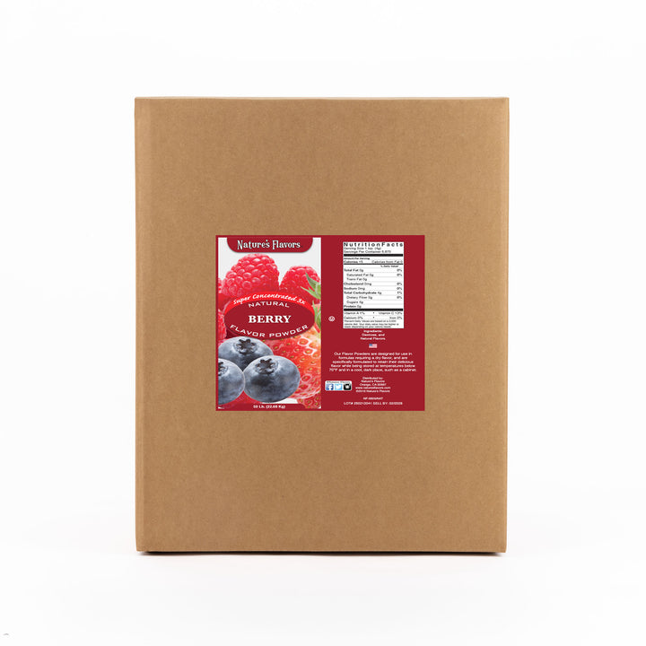 Cardboard box labeled “Super Concentrated 3x Natural Berry Flavor Powder"
