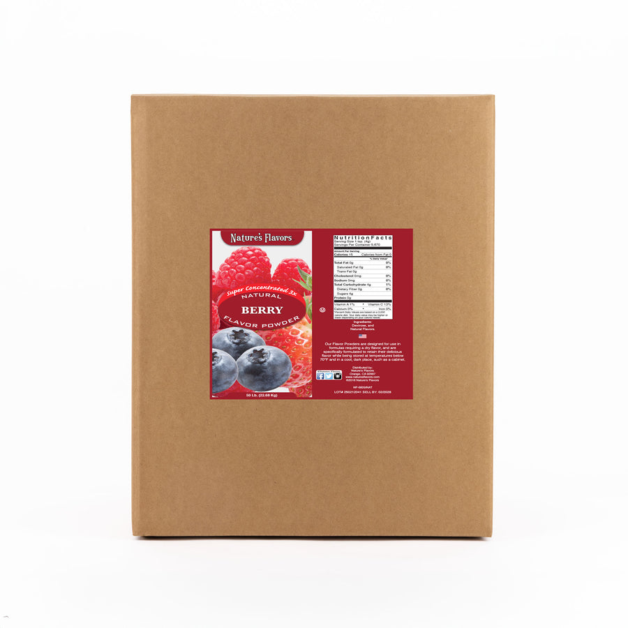 Cardboard box labeled “Super Concentrated 3x Natural Berry Flavor Powder"