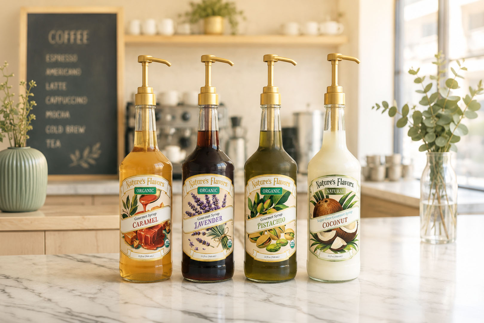 Four pump bottles of Nature's Flavors' flavored syrup arranged on a marble countertop in a bright coffee shop setting. The bottles contain golden caramel syrup, dark purple lavender syrup, green pistachio syrup, and white coconut syrup, each with a gold pump dispenser and a colorful illustrated label.