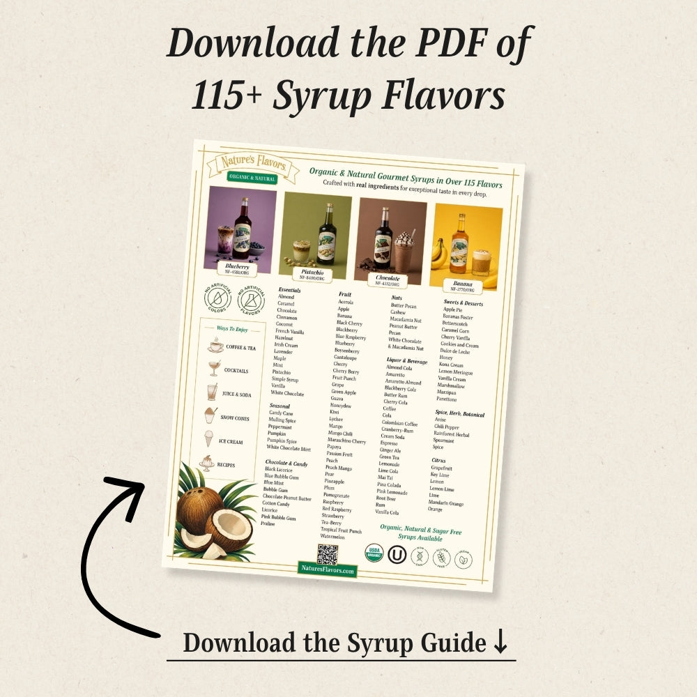 Promotional graphic for a downloadable PDF syrup guide, with the text 'Download the PDF of 115+ Syrup Flavors' at the top, a centered menu-style page preview for Nature's Flavors syrup flavors, and a large 'Download the Syrup Guide' button with a downward arrow on a light beige background.