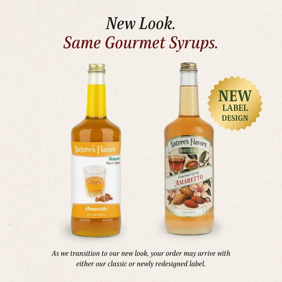 Two bottles of gourmet syrup shown on a light beige background with promotional text. The bottles contain amber liquid and have updated labels from Nature's Flavors.
