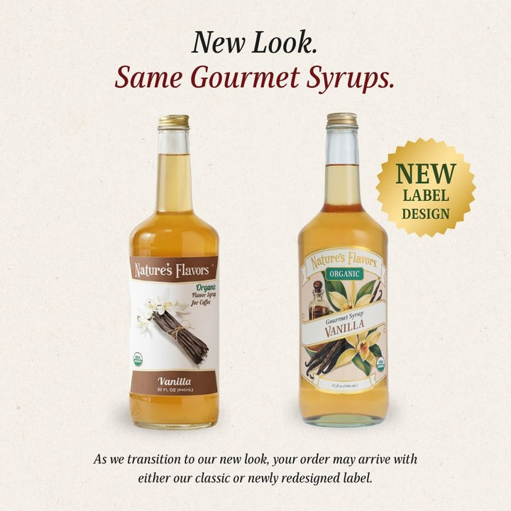 Two bottles of Nature's Flavors Organic Vanilla Syrup shown side by side on a light beige background with promotional text reading 'New Look. Same Gourmet Syrups.