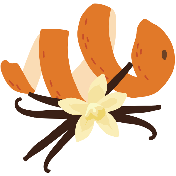 Orange peel and Vanilla bean pod with a vanilla flower on a white background