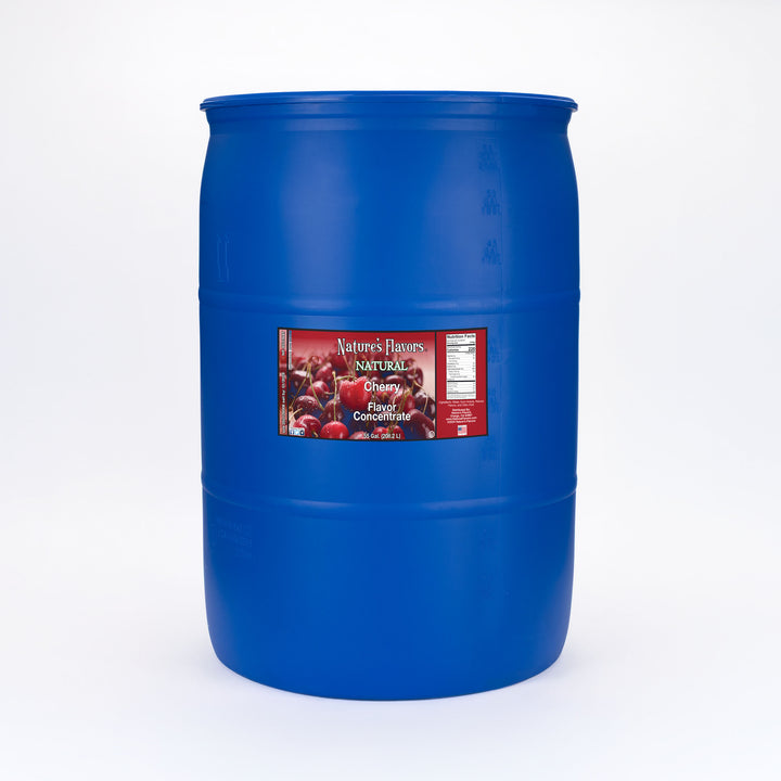 Large blue barrel labeled, "Natural Cherry Flavor Concentrate"