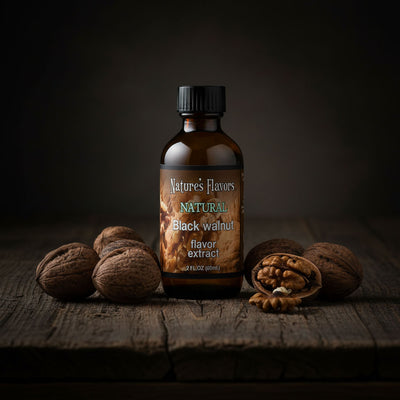 Brown Bottle labeled, "Natural Black Walnut Flavor Extract" next to walnuts.