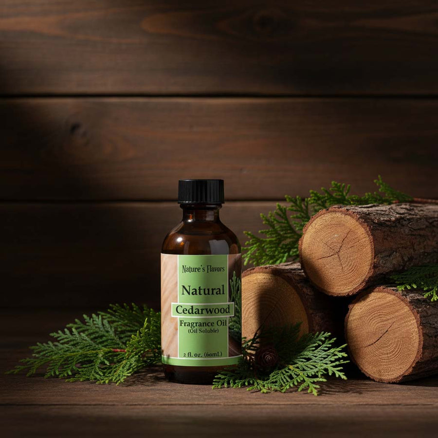 Bottle labeled, "Natural Cedarwood Fragrance oil (oil Soluble) next to logs of wood and pine tree leaves.