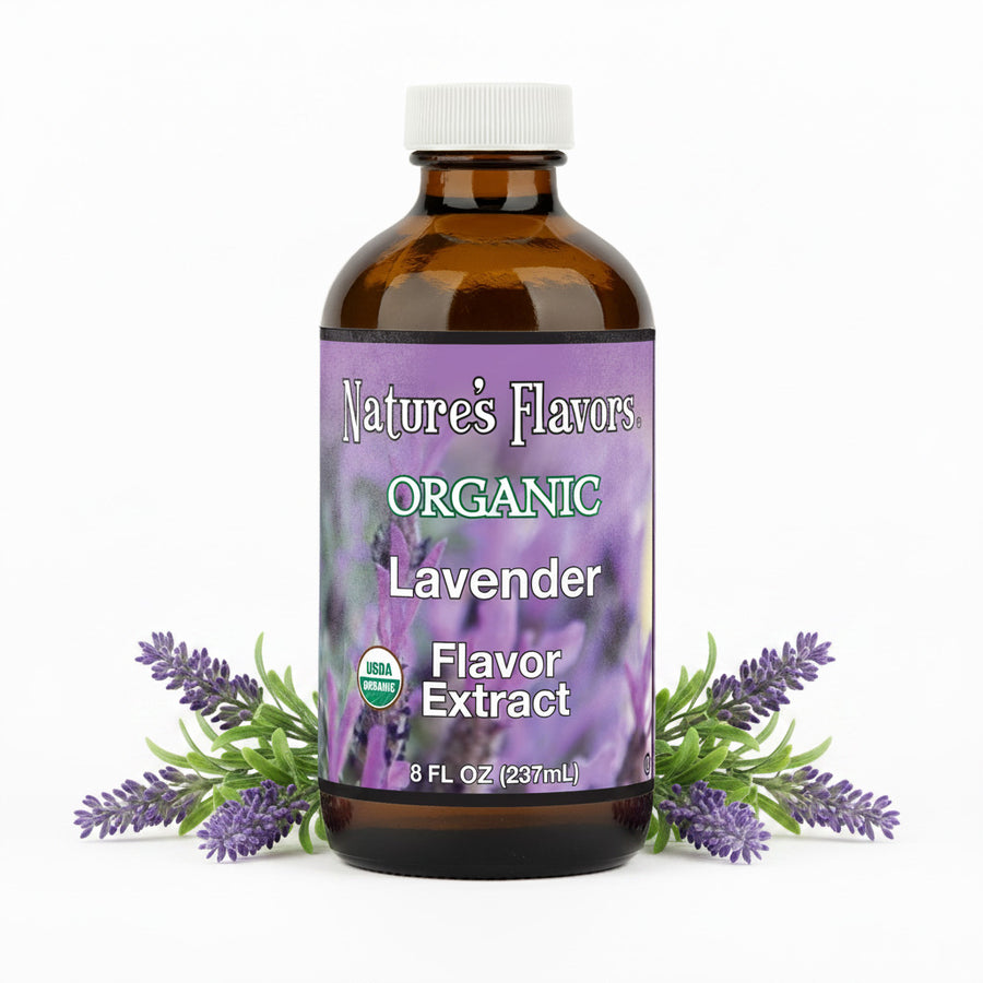bottle labeled, "Organic Lavender Flavor extract" with lavender plants surrounding it. 