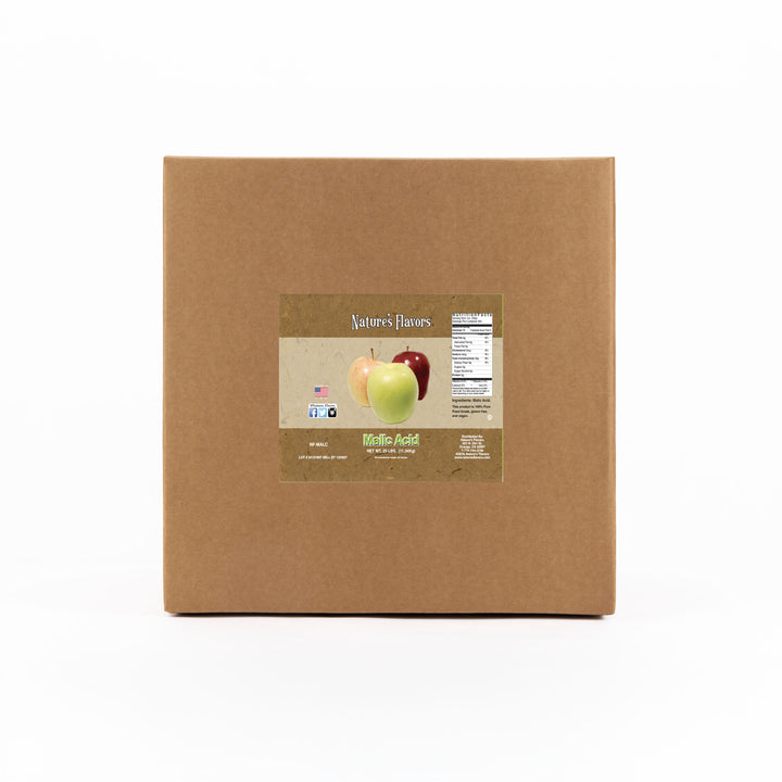 Cardboard box labeled “Malic Acid”.