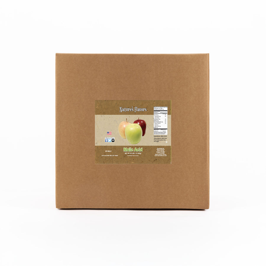 Cardboard box labeled “Malic Acid”.