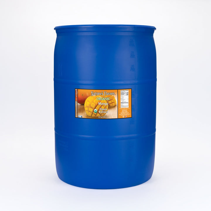 Large blue barrel labeled, "Organic Mango Flavor Extract"