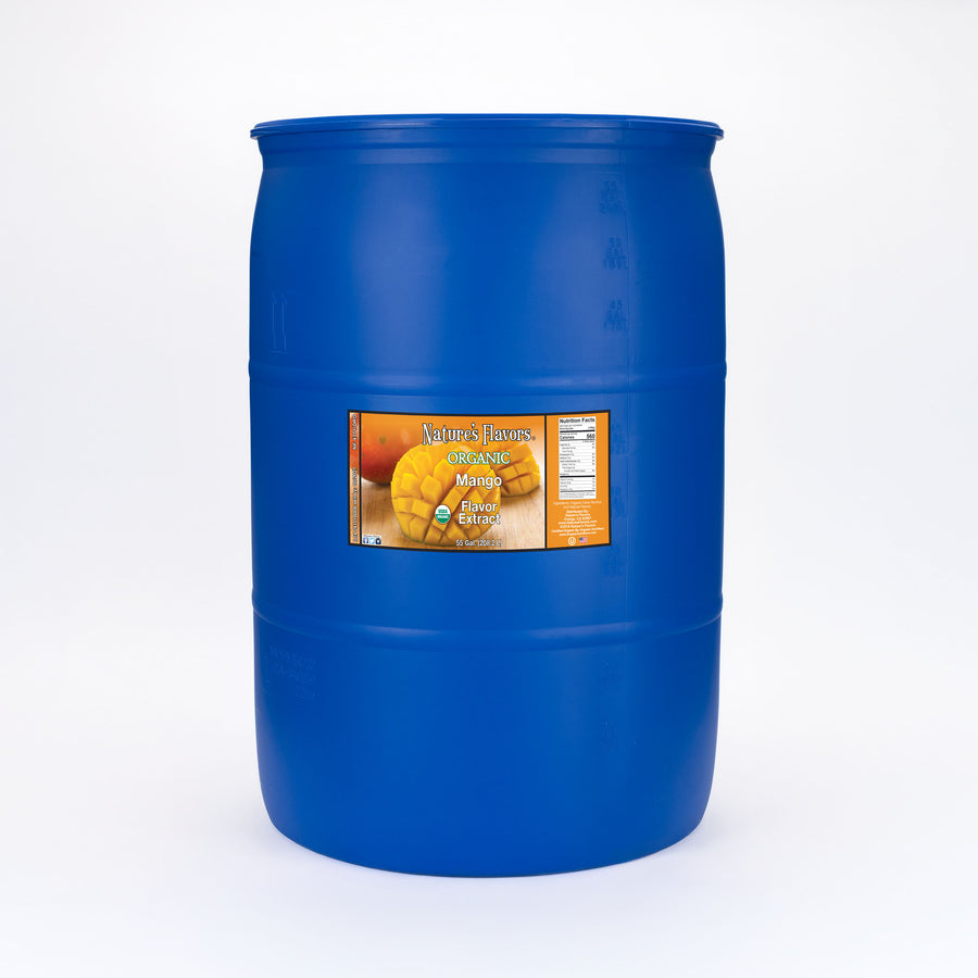 Large blue barrel labeled, "Organic Mango Flavor Extract"