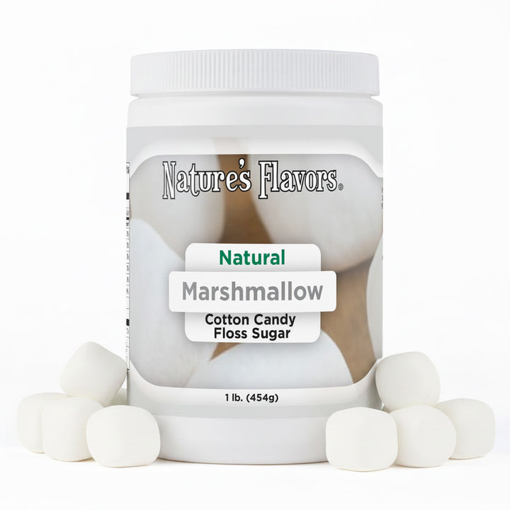 tub labeled, "Natural Marshmallow cotton candy floss sugar" with a couple of marshmallows next to it.