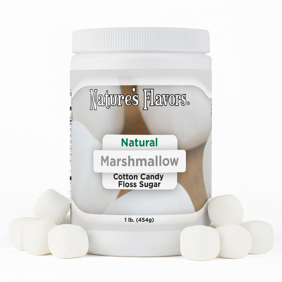 tub labeled, "Natural Marshmallow cotton candy floss sugar" with a couple of marshmallows next to it.