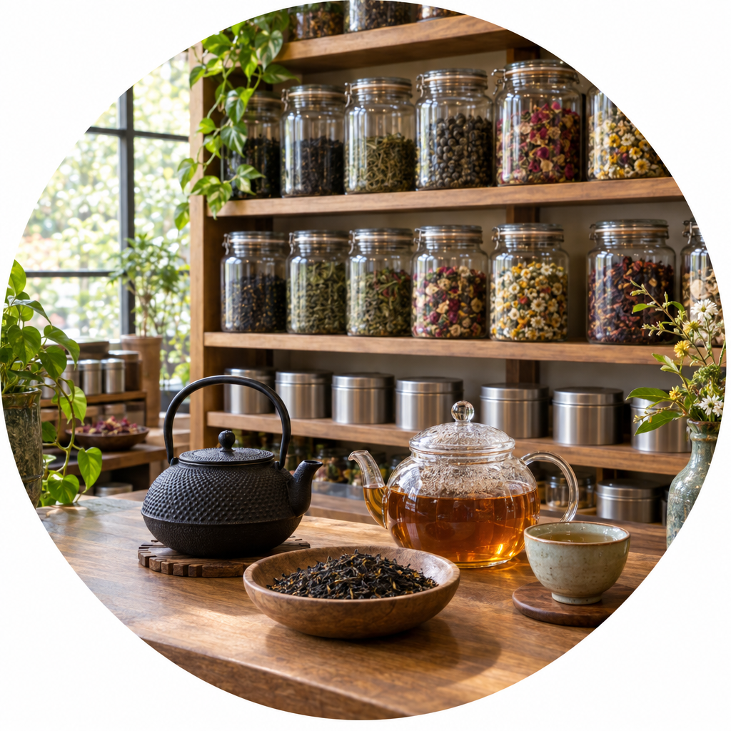 A tea shop with shelves of loose-leaf tea in glass jars and tins, a cast-iron teapot, a glass teapot of brewed tea and a bowl of dry tea leaves